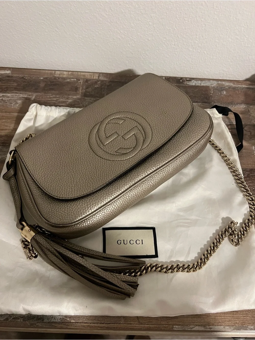 Gucci Metallic Taupe Double G Leather Shoulder Bag with Tassel